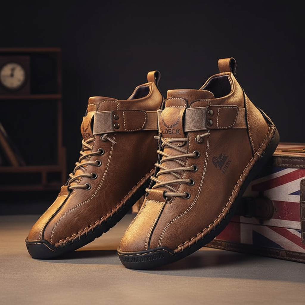 Pair of brown leather boots with buckles on a gray surface, with a British flag in the background.
