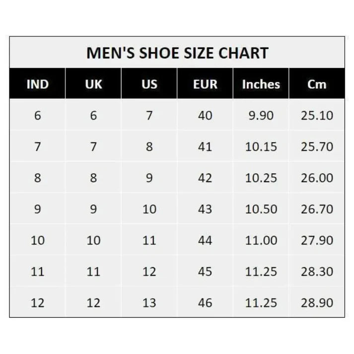 Men's shoe size chart with various measurement units