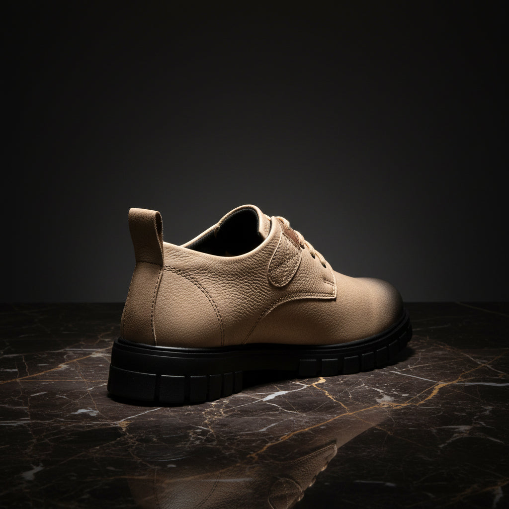 Beige shoe with black sole on a white background