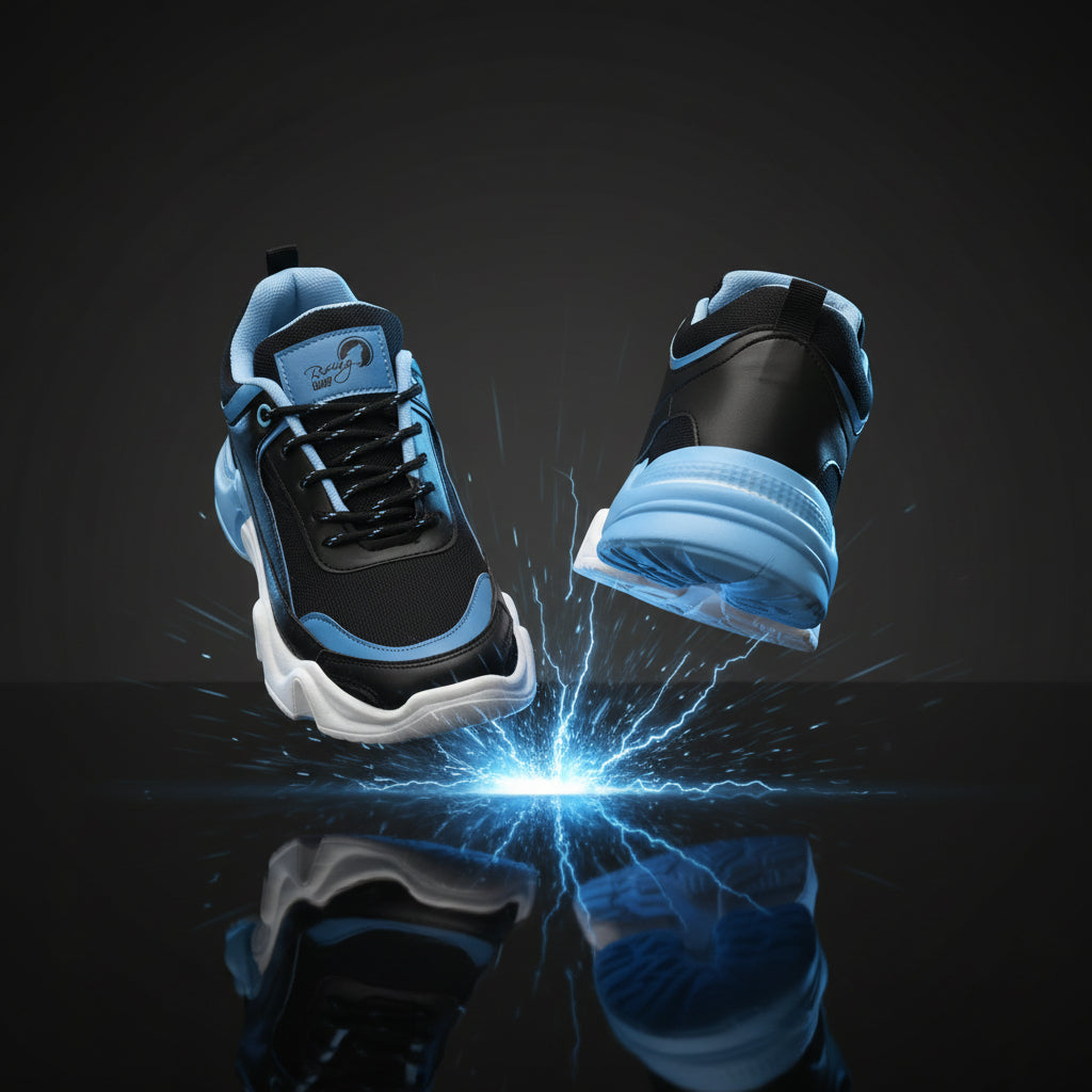 Black and blue sneakers shown from two angles on a white background