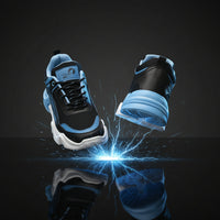 Black and blue sneakers shown from two angles on a white background