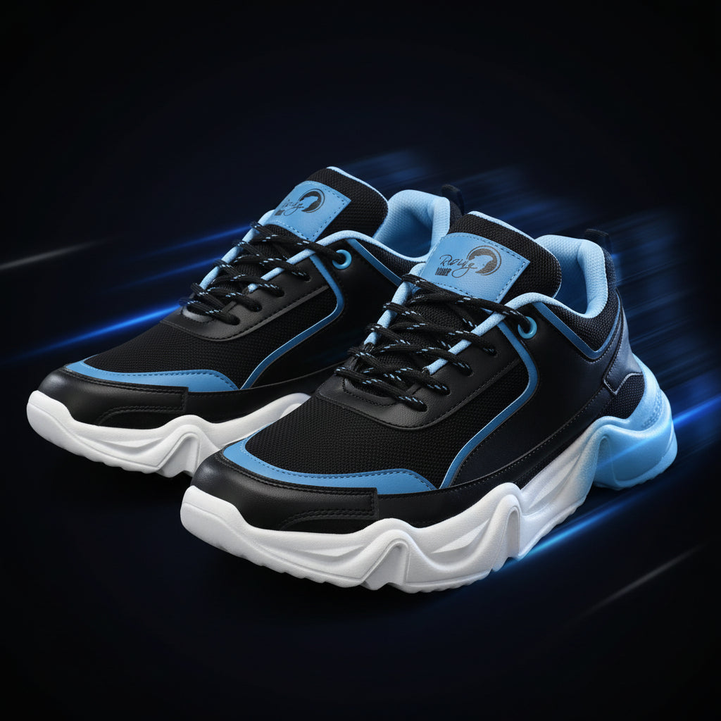 Black and blue sneakers with white soles on a white background