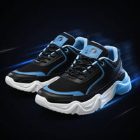 Black and blue sneakers with white soles on a white background