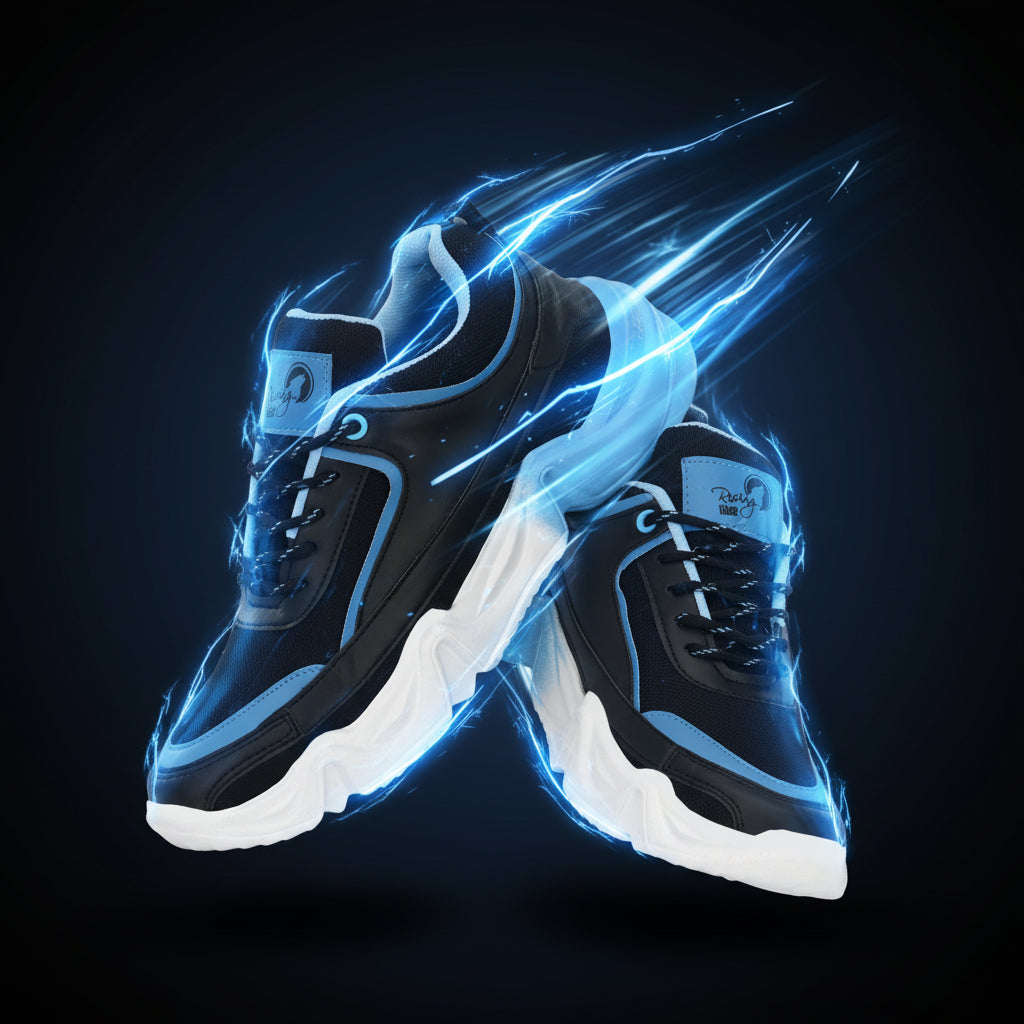 Black and blue sneakers with white soles on a white background