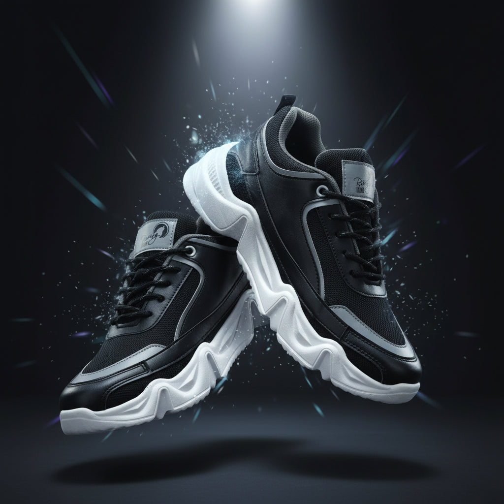 Black and gray sneakers with white soles on a white background