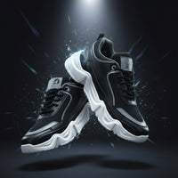 Black and gray sneakers with white soles on a white background