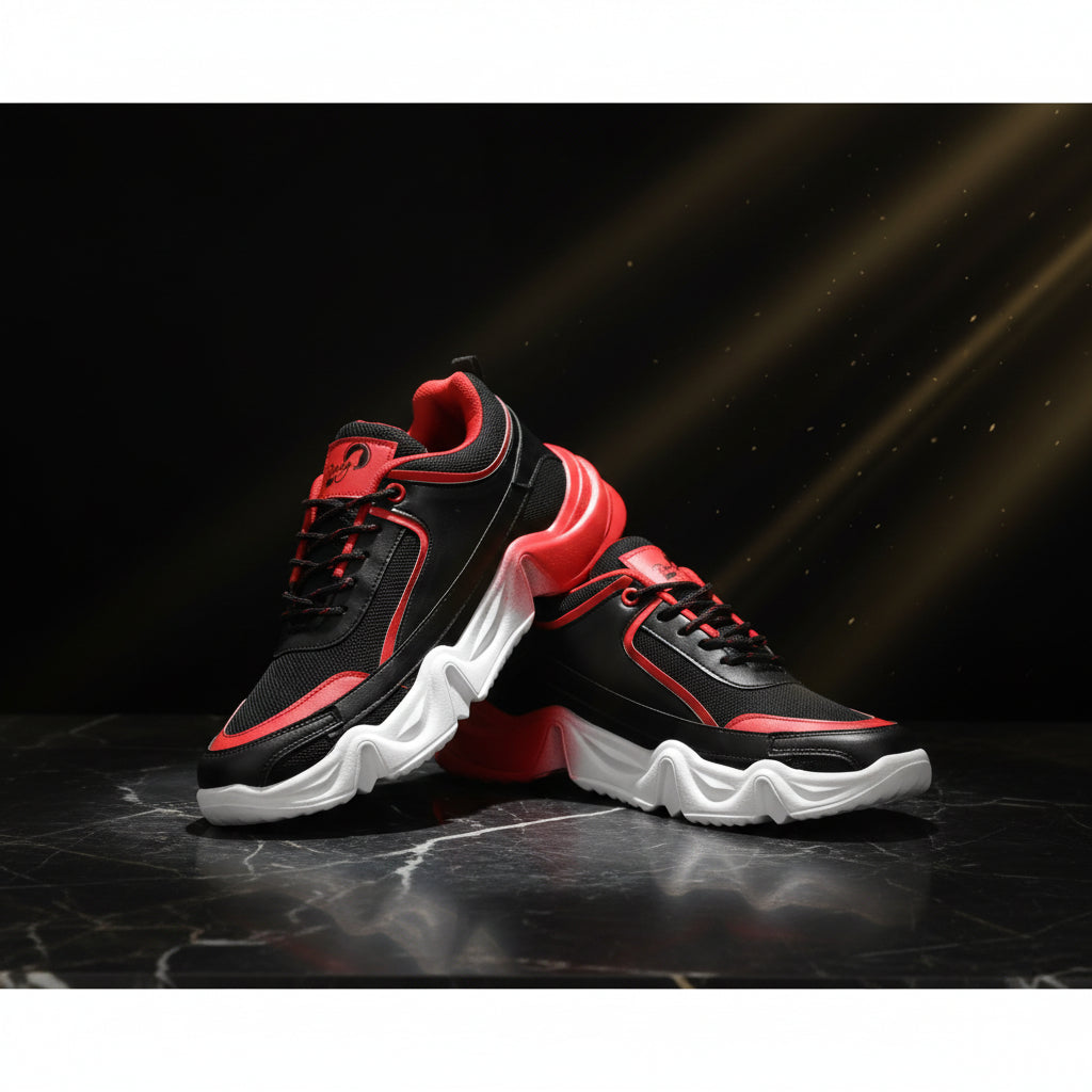 Black and red sneakers with white soles on a white background