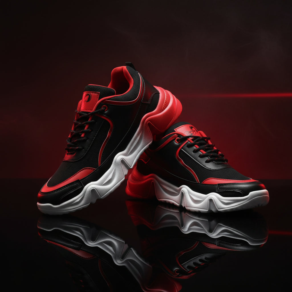 Black and red sneakers with white soles on a white background