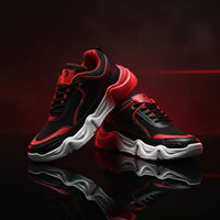 Black and red sneakers with white soles on a white background