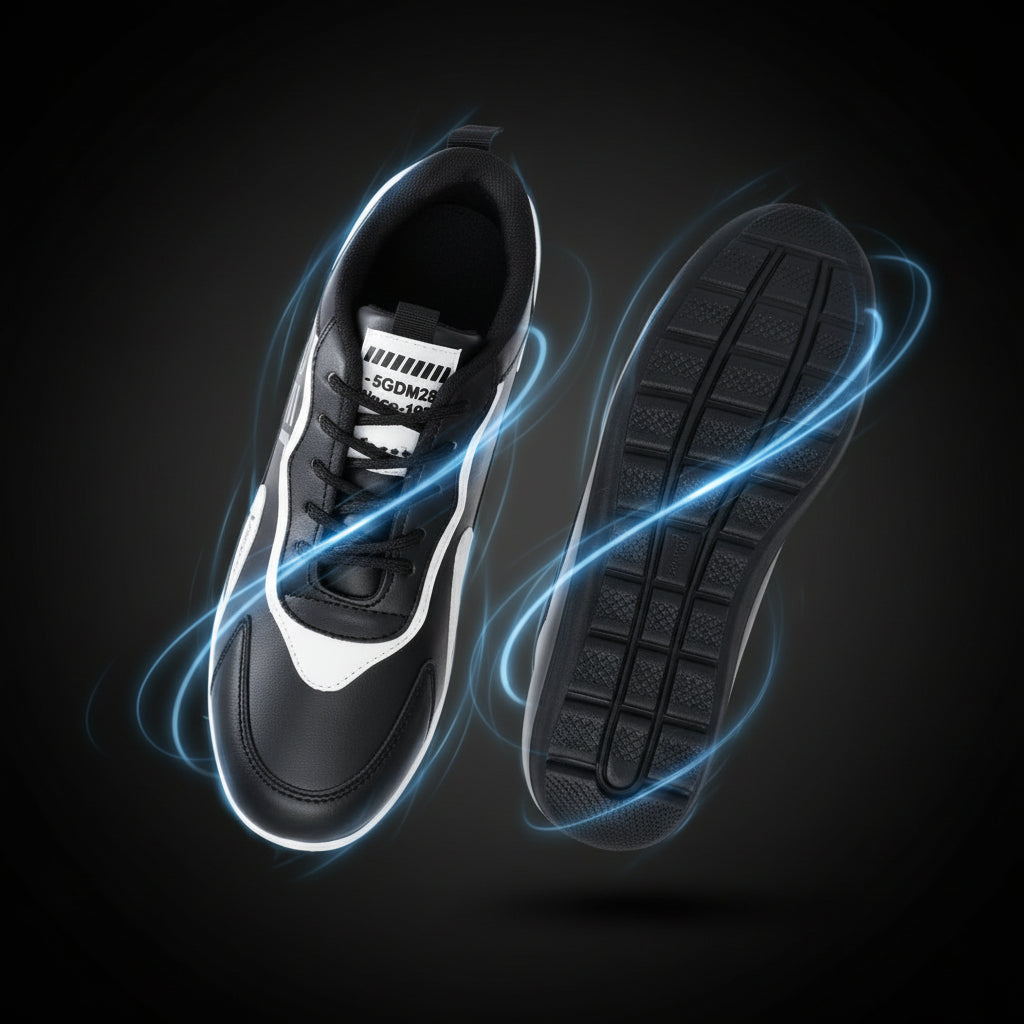 Black and white sneaker with sole view on a white background
