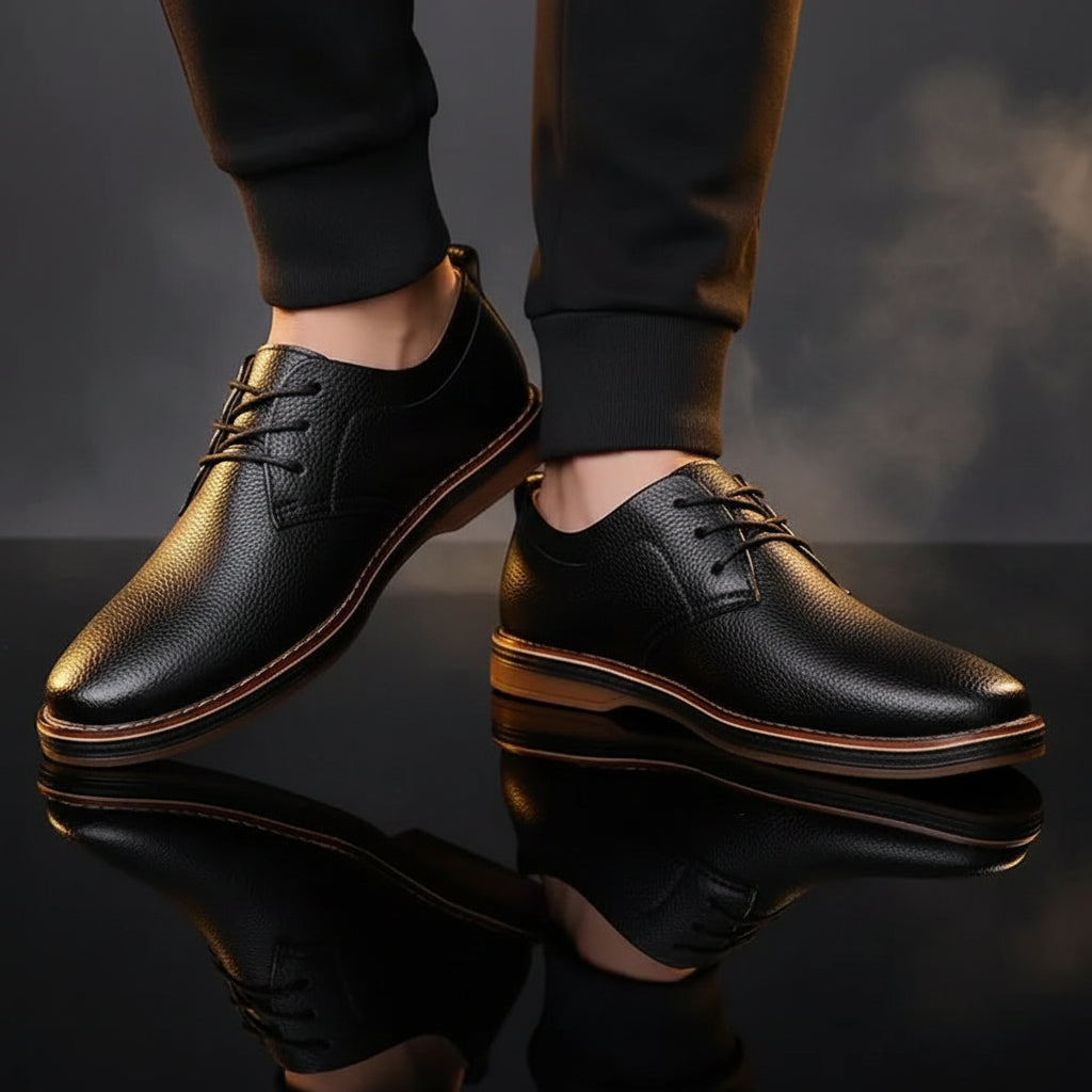 Black leather shoes with brown soles worn by a person on a gray background