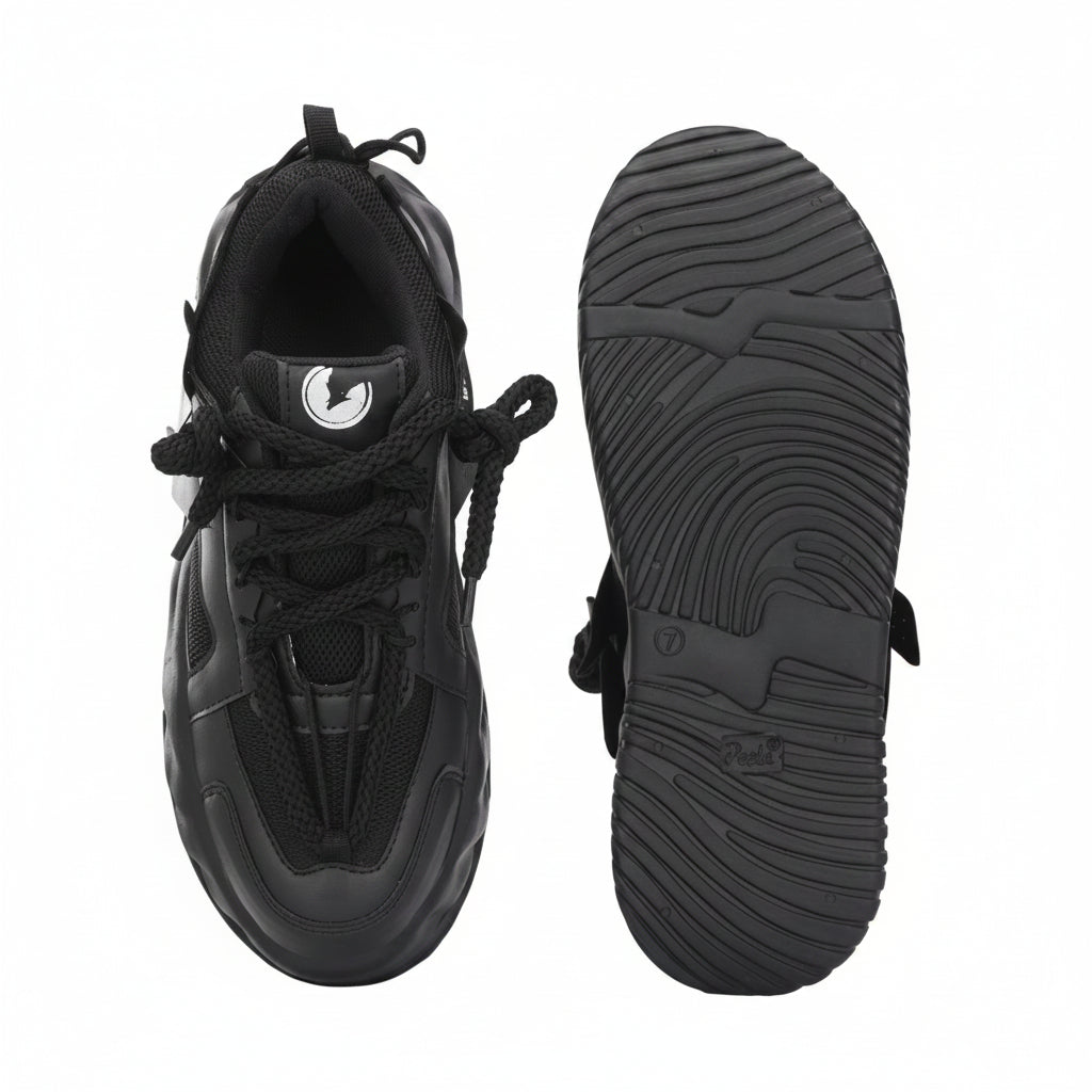 Black sneaker with sole view on a white background