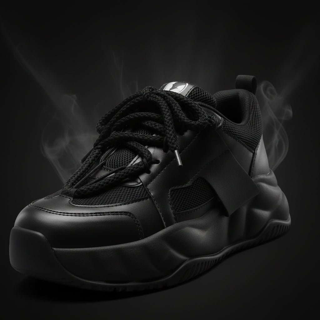 Black sneaker with laces on a white background