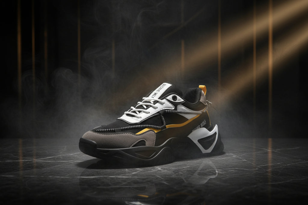 Black, white, and yellow sneaker on a white background