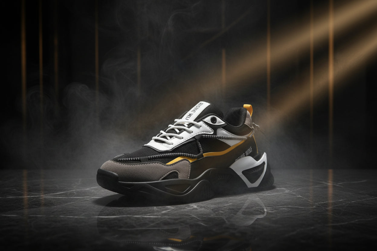 Black, white, and yellow sneaker on a white background