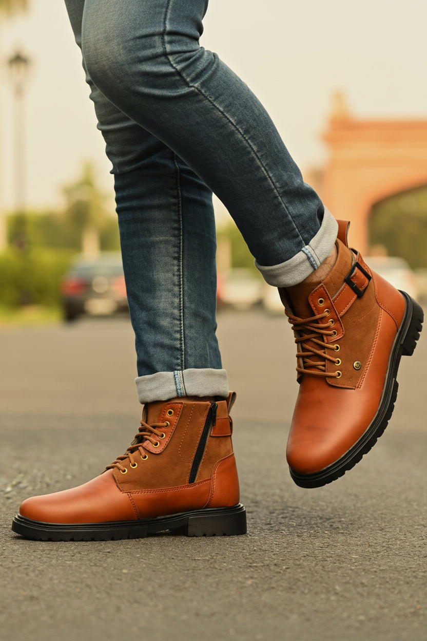 Brown leather boots worn with blue jeans on a blurred outdoor background