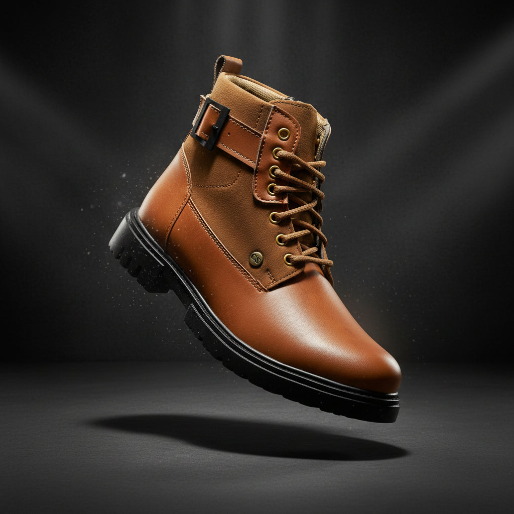 Brown leather boot with black sole on a white background