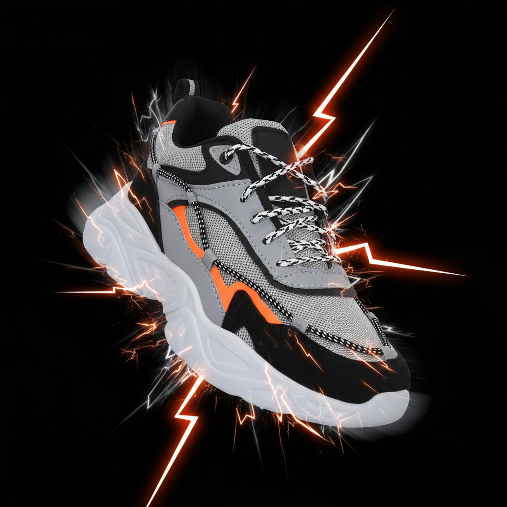 Gray and black sneaker with orange accent on a white background