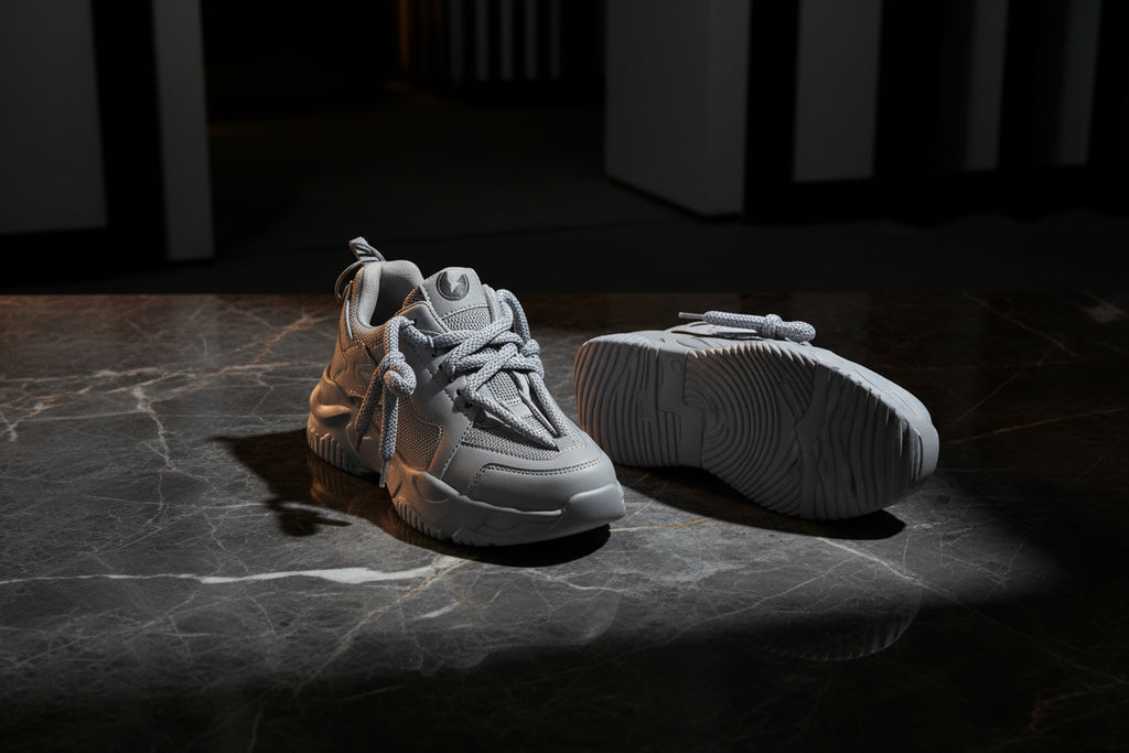 Gray sneakers with white laces on a white background