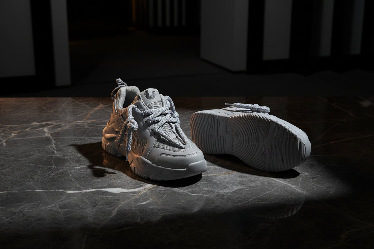 Gray sneakers with white laces on a white background