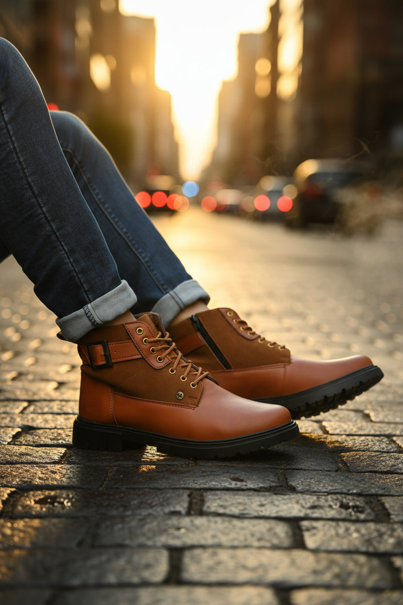 Brown leather boots worn with jeans on a blurred outdoor background