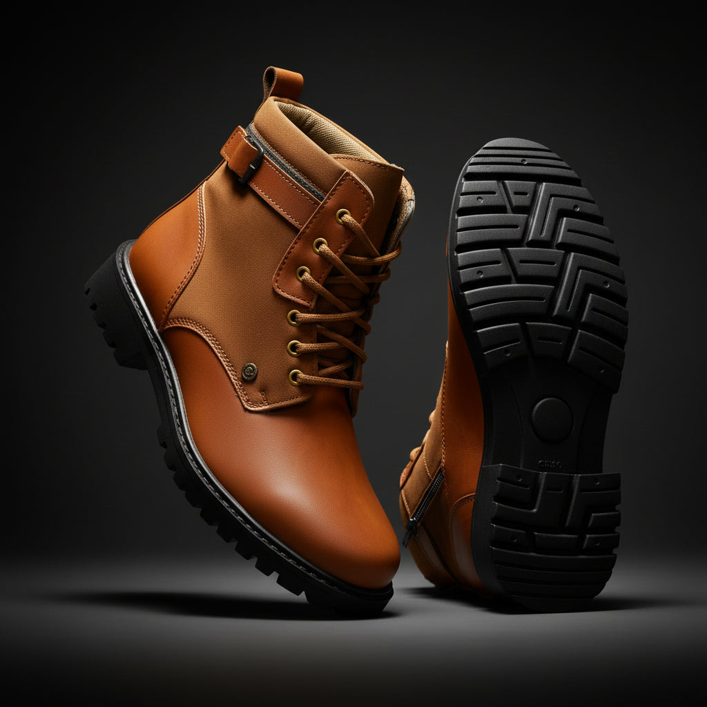 Brown leather boot with black sole on a white background