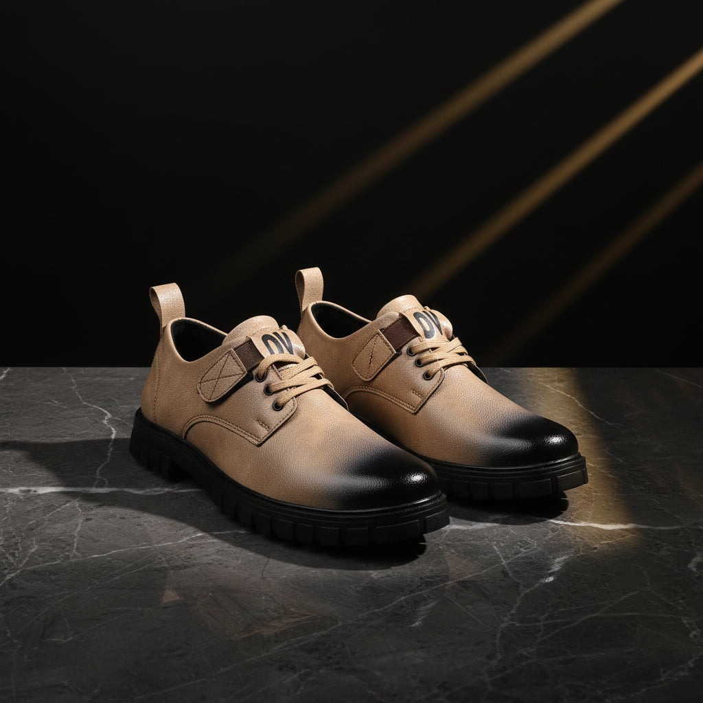 Pair of brown shoes with black soles on a gray surface