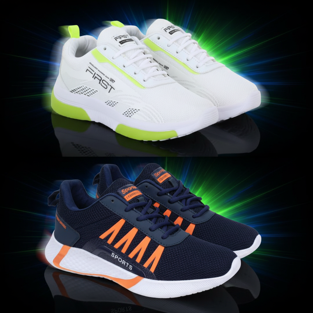 White and green athletic shoes and navy and orange athletic shoes on a white background