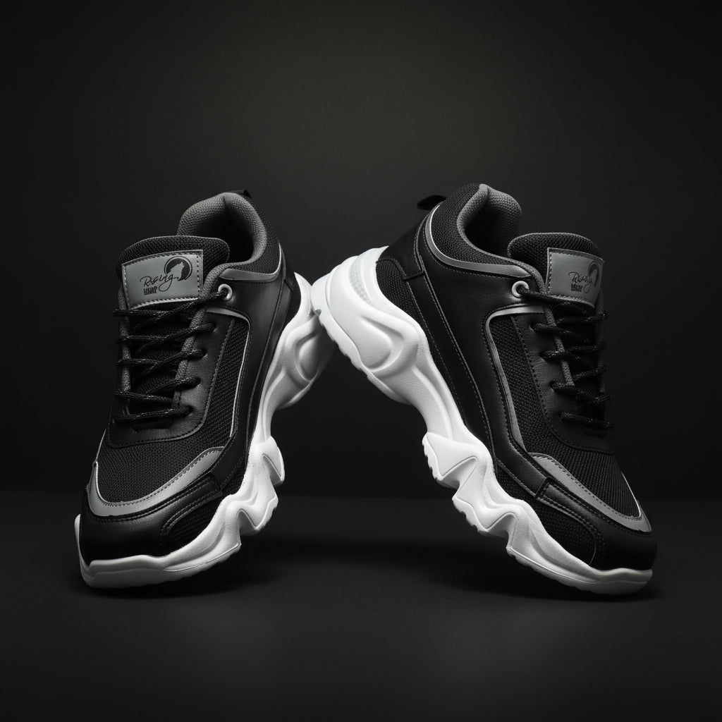 Black and gray sneakers with white soles on a white background