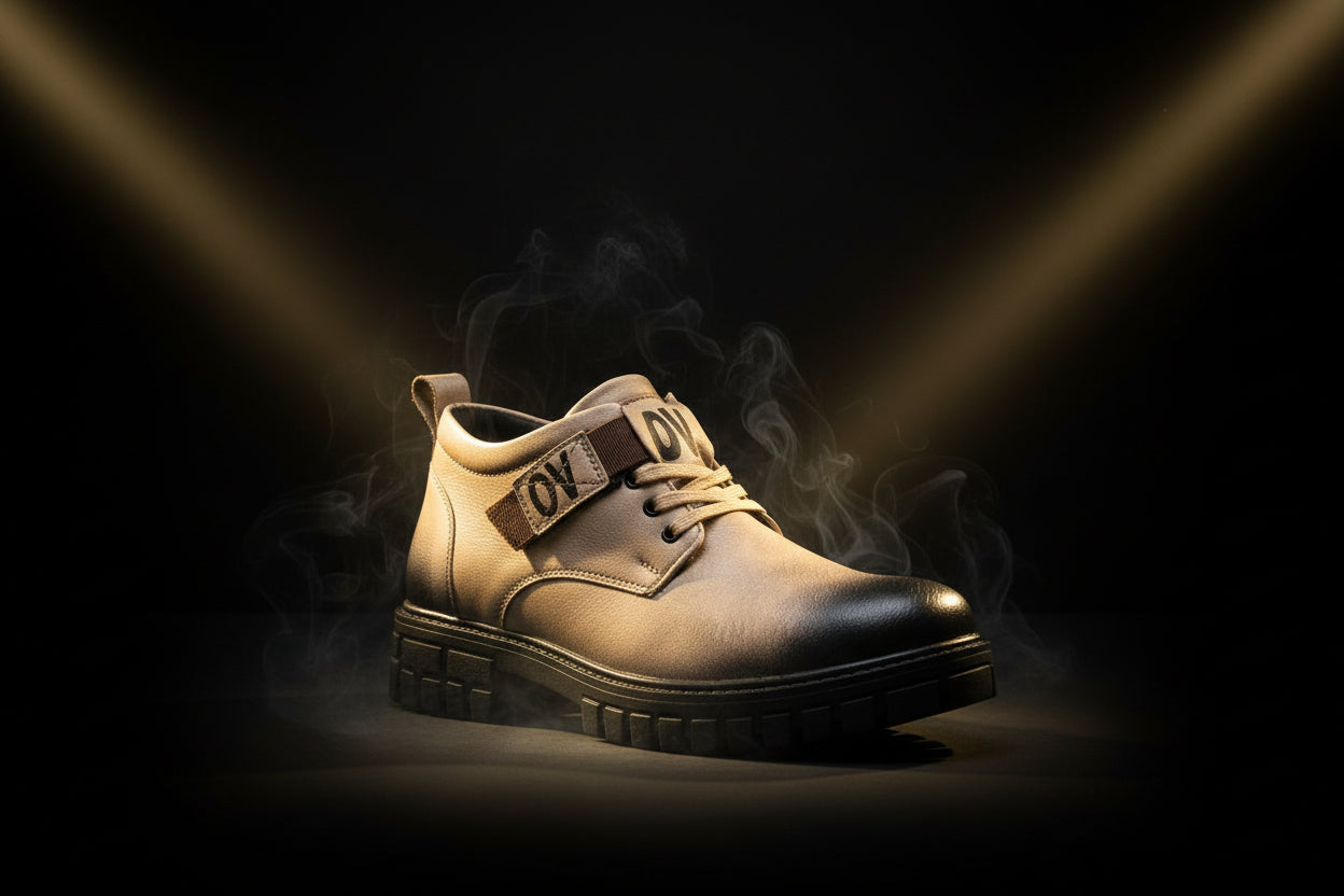 Tan shoe with black sole on a white background