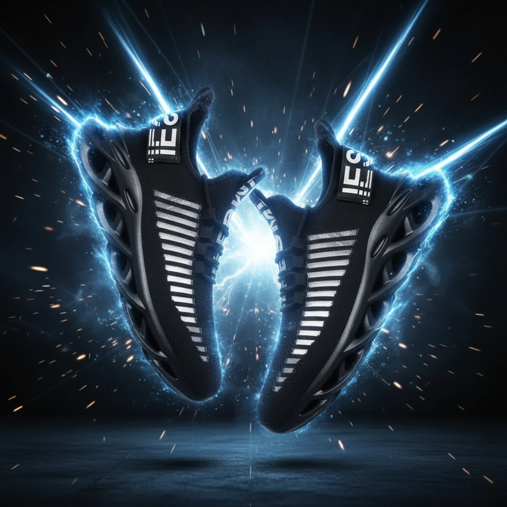 Black and white sneakers with unique design on a gray background