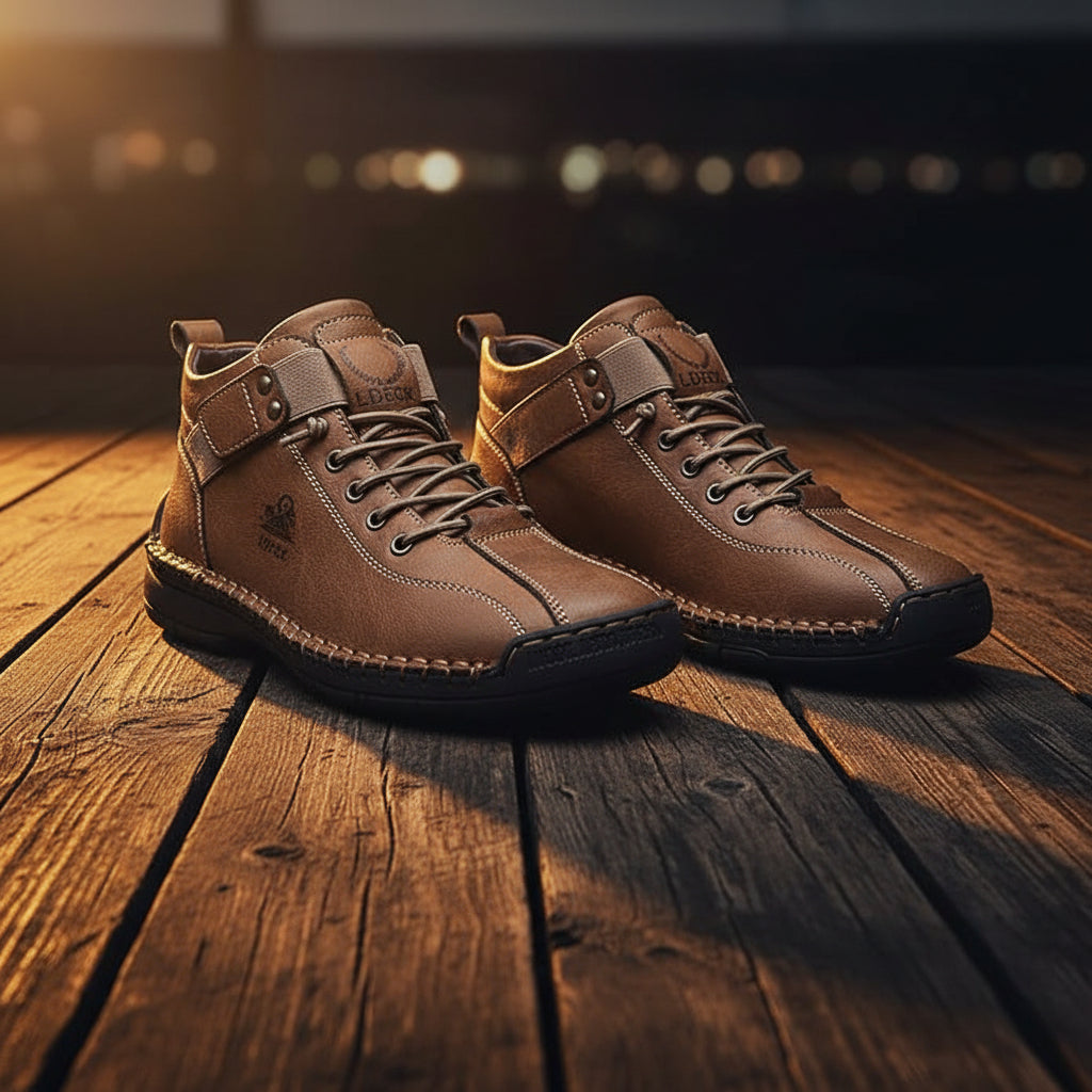 Pair of brown leather boots with buckles on a gray surface, with a British flag in the background.