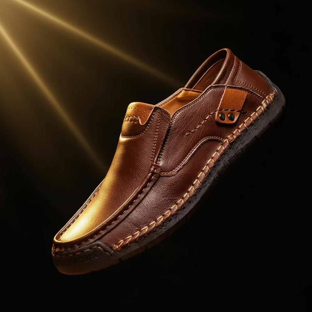 Brown leather shoe on a wooden surface with a dark background