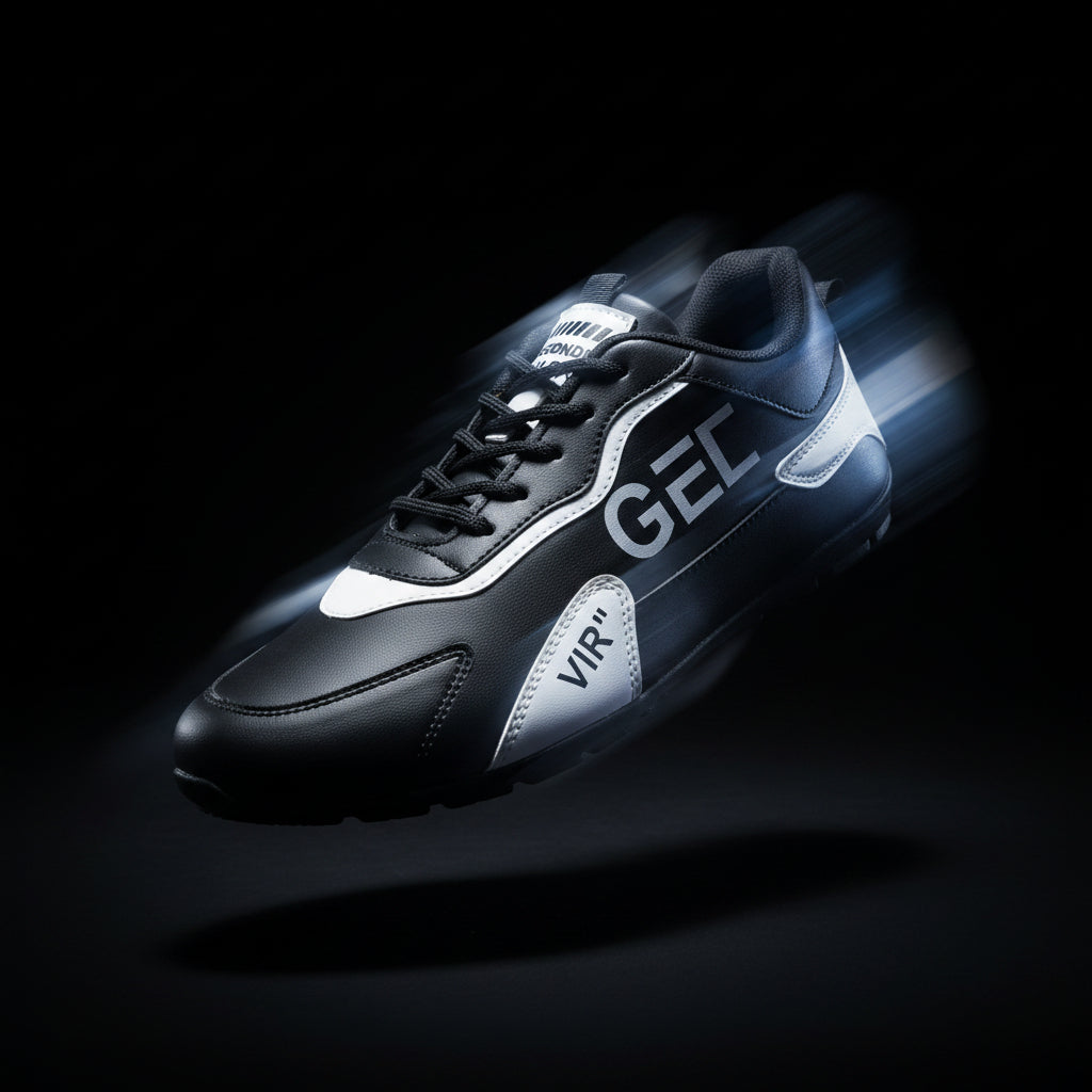 Black and white athletic shoe with branding on a white background