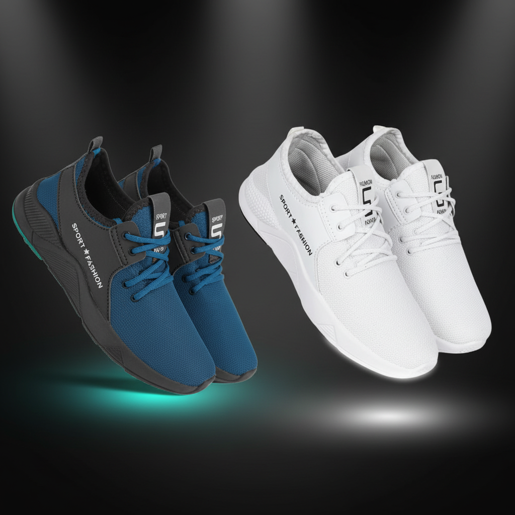 Pair of blue and gray sneakers on one side and white sneakers on the other, on a white background.