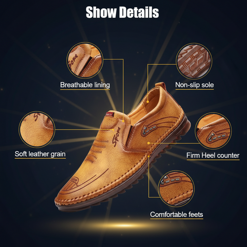 Brown shoe with features highlighted on a white background