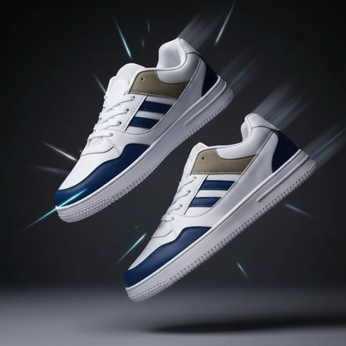White sneakers with blue accents on a gray background