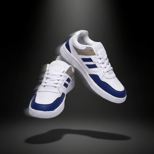 White and blue sneakers with three stripes on a white background